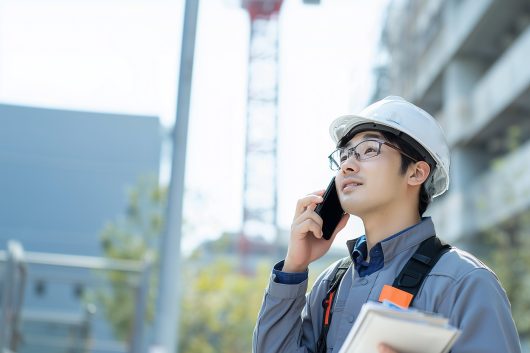 建築現場からスマホで業務報告をする20代男性の施工管理技士